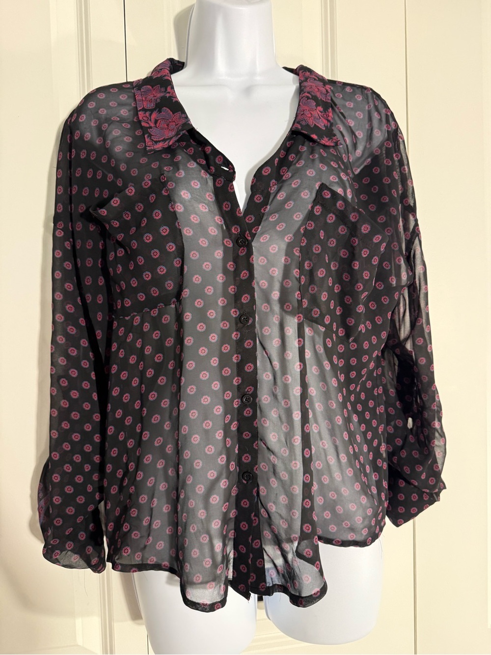 Free People Black Sheer Button-Up Blouse with Pink Dot Motif